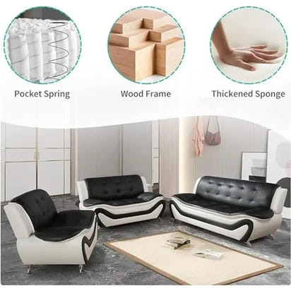 Contemporary Vegan Leather Sofa Living Room Furniture Set 3 PCS Black/White Ergonomic Design Breathable Faux Leather Upholstery