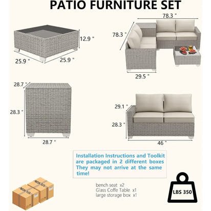 4-Seater All-Weather Outdoor Patio Furniture Set with Storage & Table, L-Shaped Sectional Sofa & Corner Couch - PE Rattan Wicker