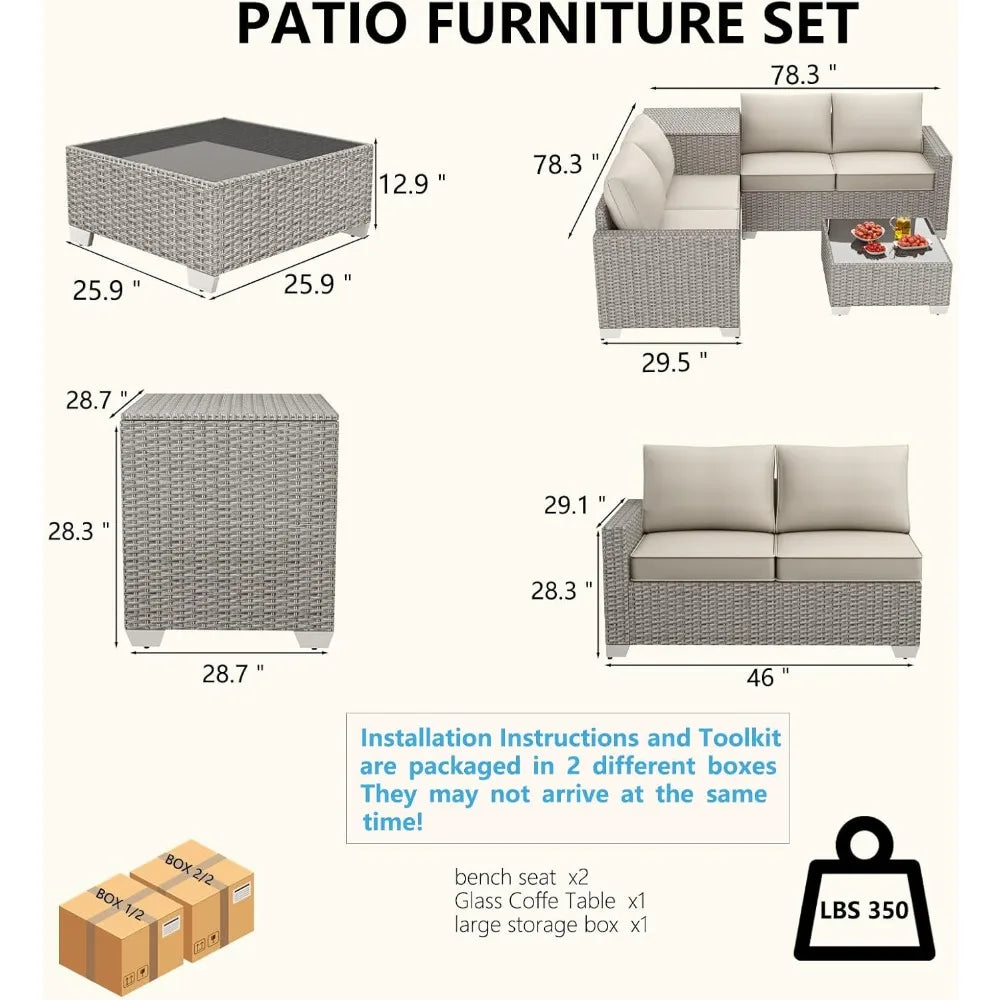 4-Seater All-Weather Outdoor Patio Furniture Set with Storage & Table, L-Shaped Sectional Sofa & Corner Couch - PE Rattan Wicker