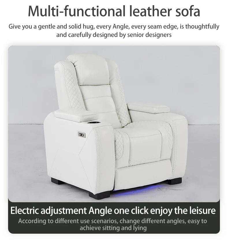 Luxury Power Recliner White Leather Sofa for Home Theater Electric VIP Cinema Sofa Set with Extendable Feature for Lay Down