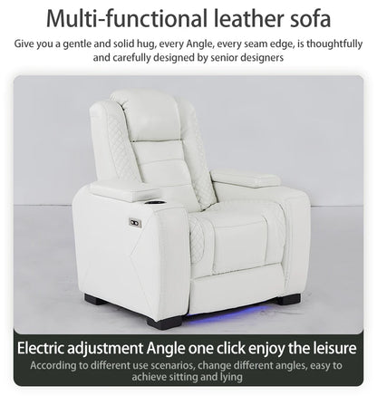 Luxury Power Recliner White Leather Sofa for Home Theater Electric VIP Cinema Sofa Set with Extendable Feature for Lay Down