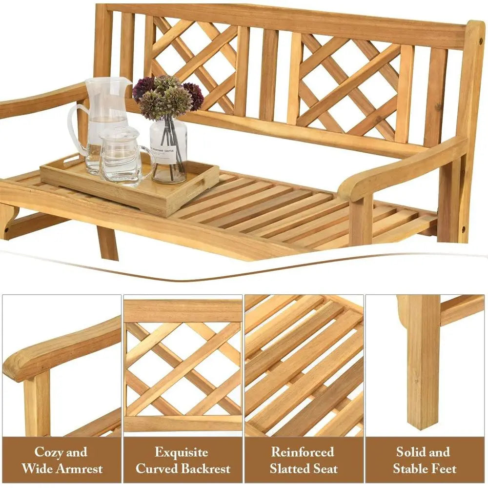 Acacia Wood Outdoor Loveseat Bench, Curved Back & Armrests, 705 lbs, Ideal for Garden, Patio, Park, Porch, Balcony