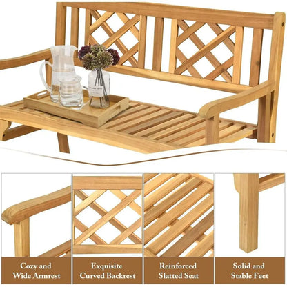 Acacia Wood Outdoor Loveseat Bench, Curved Back & Armrests, 705 lbs, Ideal for Garden, Patio, Park, Porch, Balcony