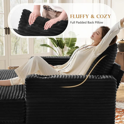 60 Chaise Lounge Indoor, Upgraded Oversized Upholstered Sofa Bed with Pillows & Armrests, Fluffy Plush Faux Fur Sleeper Couch Ch