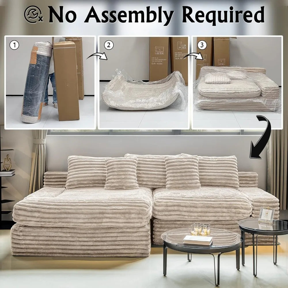 Couches for Living Room-Corduroy Couch Beige,118 Cloud Sectional Couch with L-Shape Chaise, Modern Modular Sofa