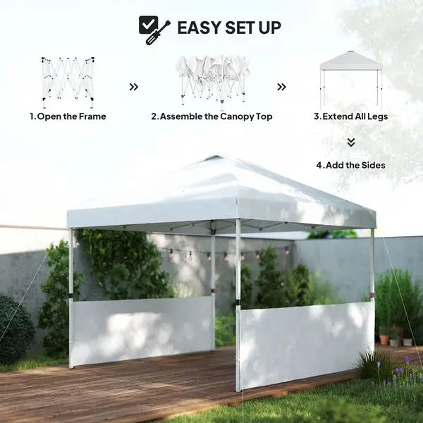 White 10'x10' Pop Up Tent UV50 Sun Protection 2 Half Sidewalls Gazebo with Wheeled Carry Bag Outdoor Use