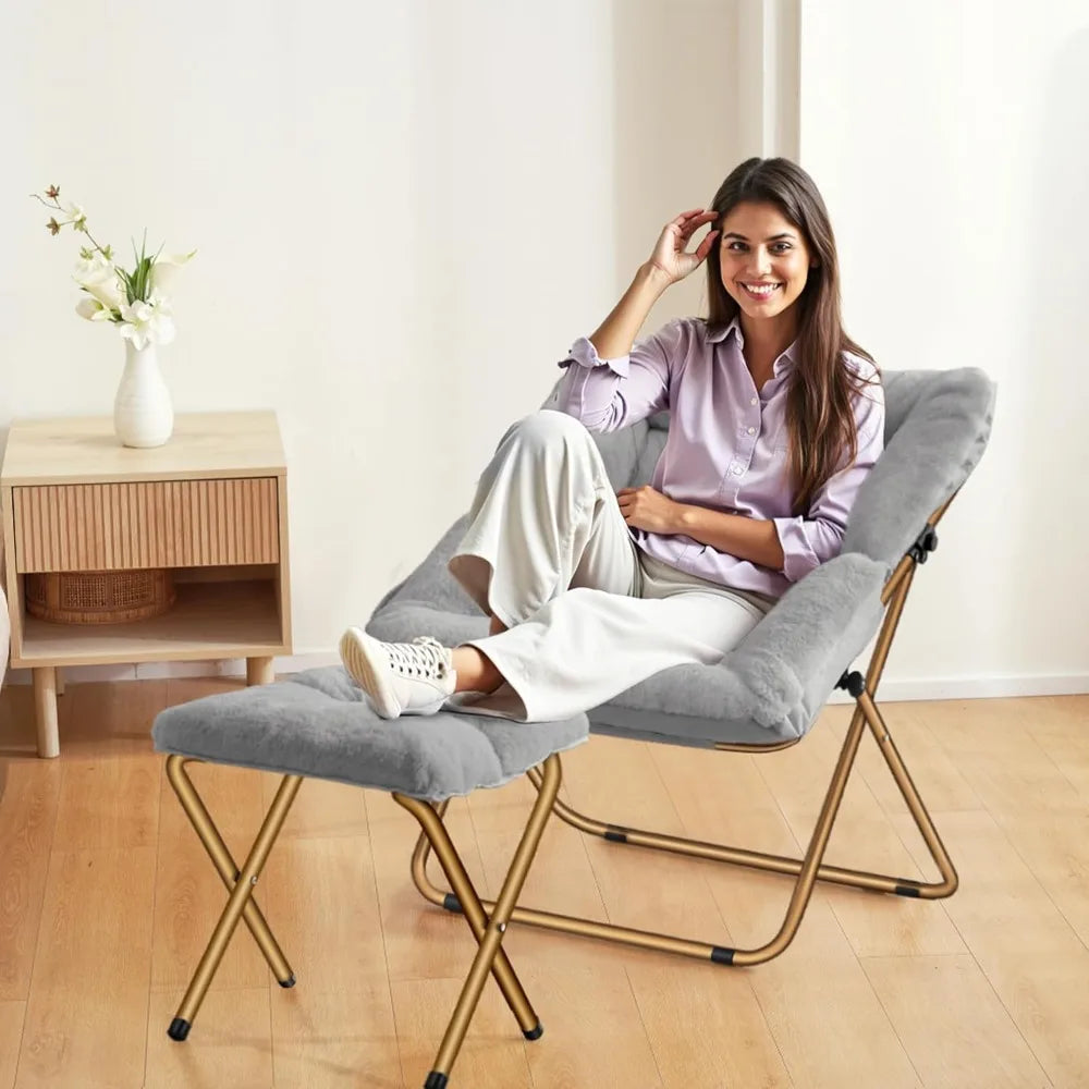 Comfy Saucer Chair, Foldable Living Room Chairs, Soft Faux Fur Lounge Chair For Bedroom, Reading Chairs For Adults