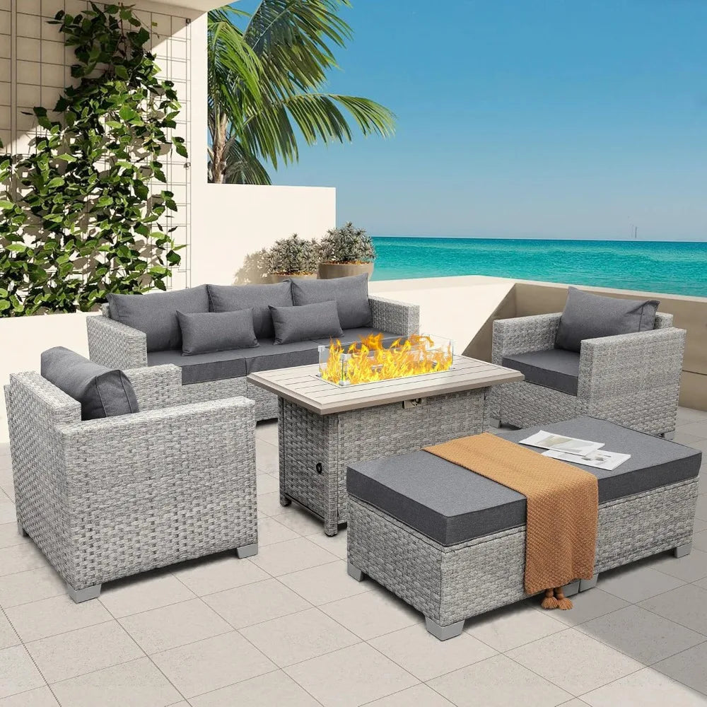 Patio Furniture Set 6 Piece Grey Wicker Outdoor Furniture Patio Sectional Sofa Couch PE Rattan Conversation Sets with Fire Pit