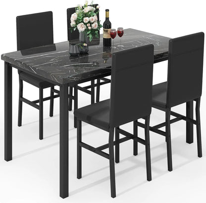 Modern Faux Marble Dining Table Set for 4 with 4 PU Leather Chairs, Black