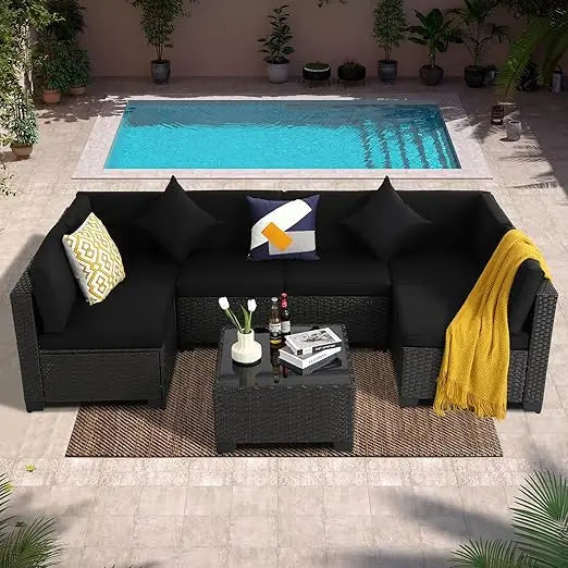 7-piece outdoor patio set, rattan chairs, glass table, wicker sectional for conversation seating