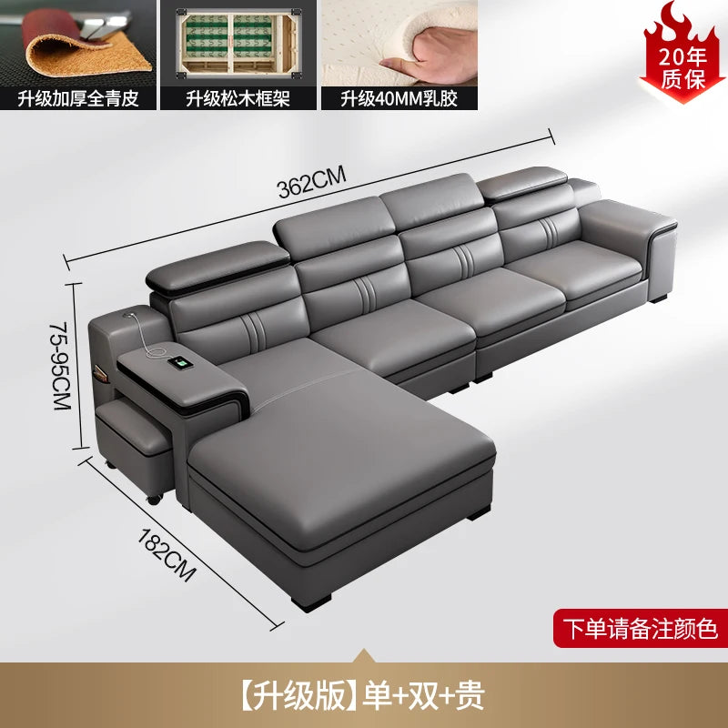 Genuine Leather Sofa Cowhide Modern Wireless Charging Smart Audio Sofa Living Room Corner Combination Divano Home Furniture