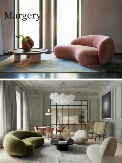 Margery Moon Minimalist Creative Living Room Sitting Area Reception Pea Lamb Fleece Curved Cashew Fabric Sofa