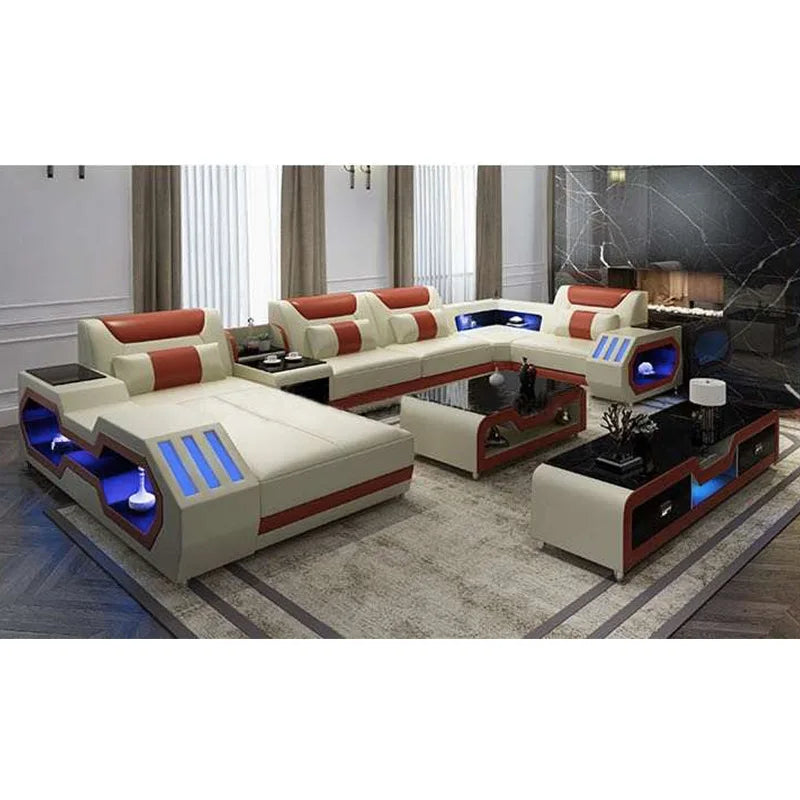 2025 High Quality Modern Luxury smart Leather Sectional Sofa Chairs Set Couch Living Room furniture Sofas With Led