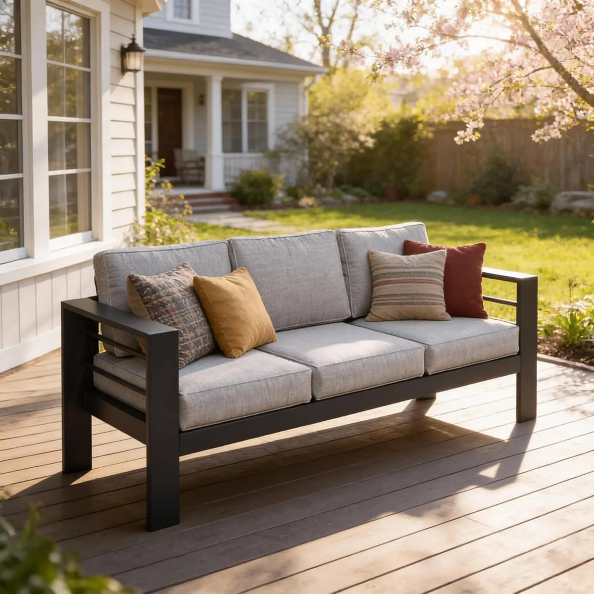 Outdoor Couch Aluminum Patio Furniture Sofa, 3 Seat All-Weather Metal Patio Couch With 5