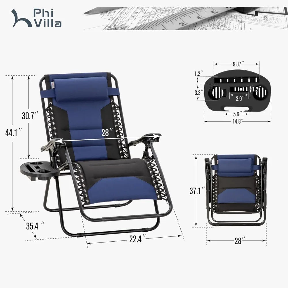 XXL Oversized Padded Zero Gravity Chair, Foldable Patio Recliner, 28 Wide Seat Anti Gravity Lounger with Cup Holder
