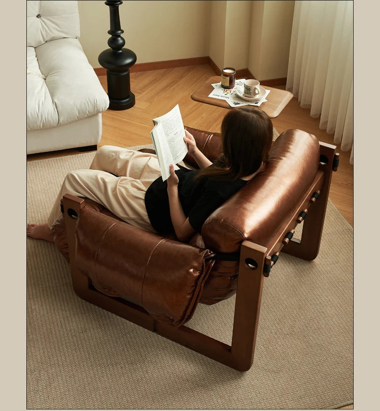 Nordic retro single solid wood sofa chair guest casual leather recliner simple and modern small apartment