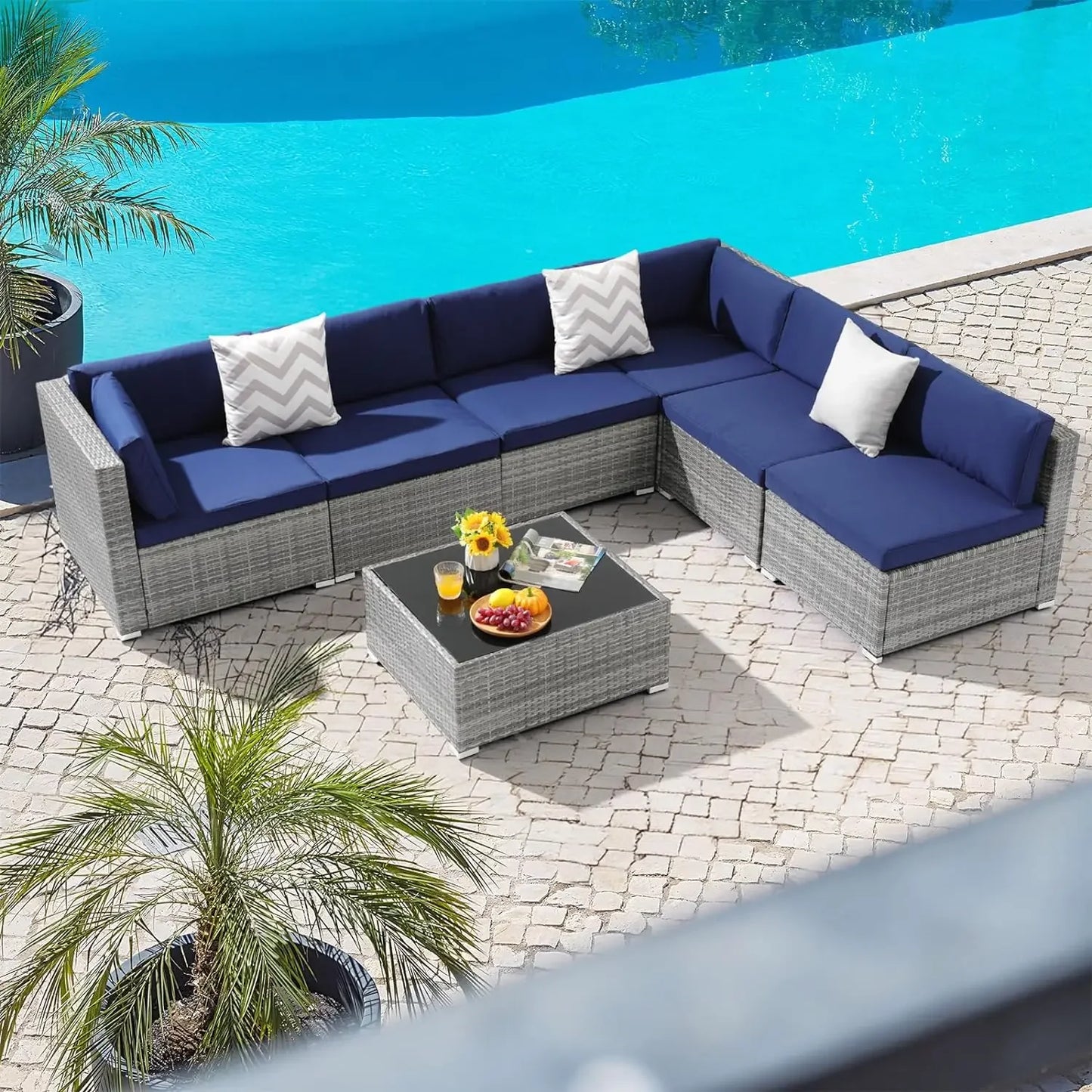 Wonder Comfort 7 Pieces Patio Furniture Set, Outdoor Sectional Conversation Wicker Rattan Sofa Couch