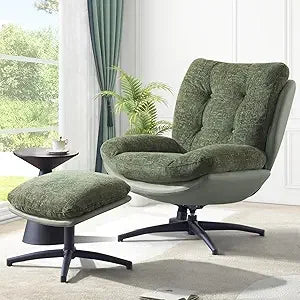 Rocking Swivel Accent Chair with Ottoman, 360° Oversized Metal Base Swivel Rocker Accent Chairs, Reclining Lounge Chair