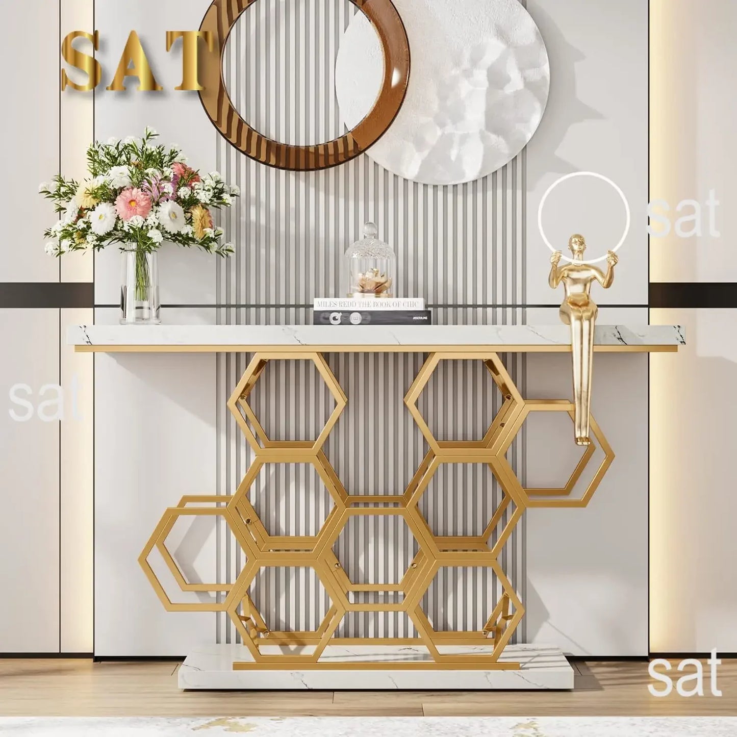 #For Gold Console Table, 55 Inch Modern Entryway Table Foyer Table with Metal Base, Faux Marble White Accent Table Narrow Sofa