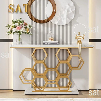 #For Gold Console Table, 55 Inch Modern Entryway Table Foyer Table with Metal Base, Faux Marble White Accent Table Narrow Sofa
