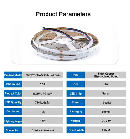 High Density 5M/Roll 784leds/m 24V RGBW RGBWW COB Led Strip RA90 12mm High Brightness Dimmable Led Strip Light