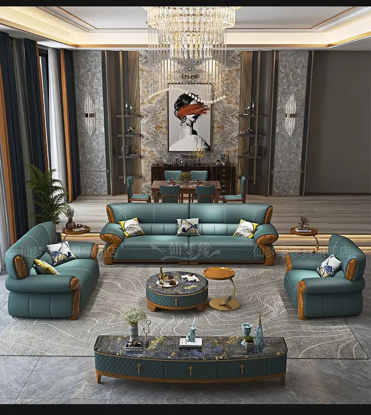 New leather sofa modern simple light luxury ebony solid wood new Chinese small apartment living room popular furniture