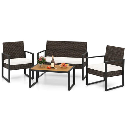 4 Piece Patio Furniture Set w/ Cushioned Chairs & Wood Plastic Coffee Table