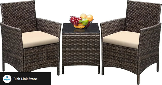 3 Pieces Patio Furniture Sets Outdoor PE Rattan Wicker Chairs with Soft Cushion and Glass Coffee Table for Garden Backyard