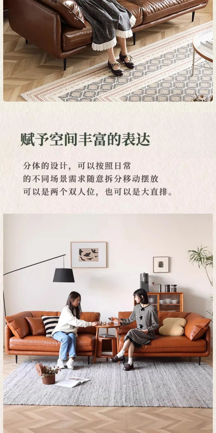 Retro oil wax leather sofa down large living room Nordic simple medium and ancient style straight row leather art sofa