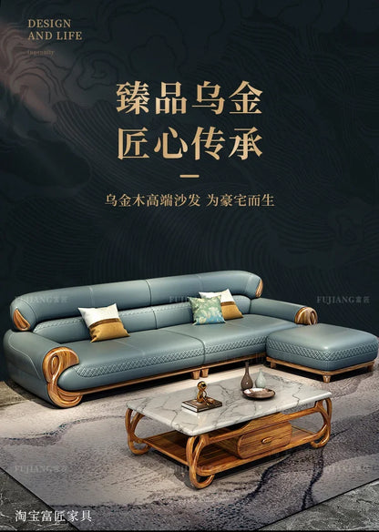 Ebony leather sofa new Chinese modern light luxury high-end small apartment straight row  FT