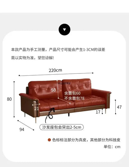 TTTTMedieval Oil Wax Leather Creative Sofa Living Room Retro Old Caramel Color Large Straight Row Sofa