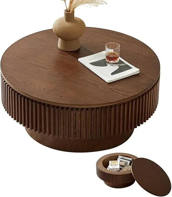 Round Coffee Table for Living Room,Fluted Drum Accent Tea Center Table with Storage,Circle Modern Coffee Tables for Small Space
