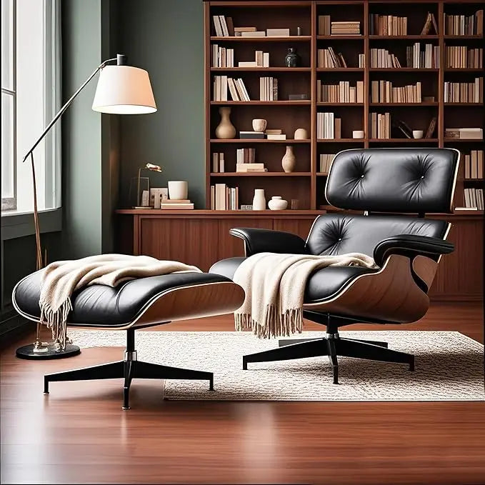 Mid Century Chaise Lounge Chair with Ottoman, Top Black Grain Leather,Modern Office Chair Classic Design,Heavy Duty Base Support