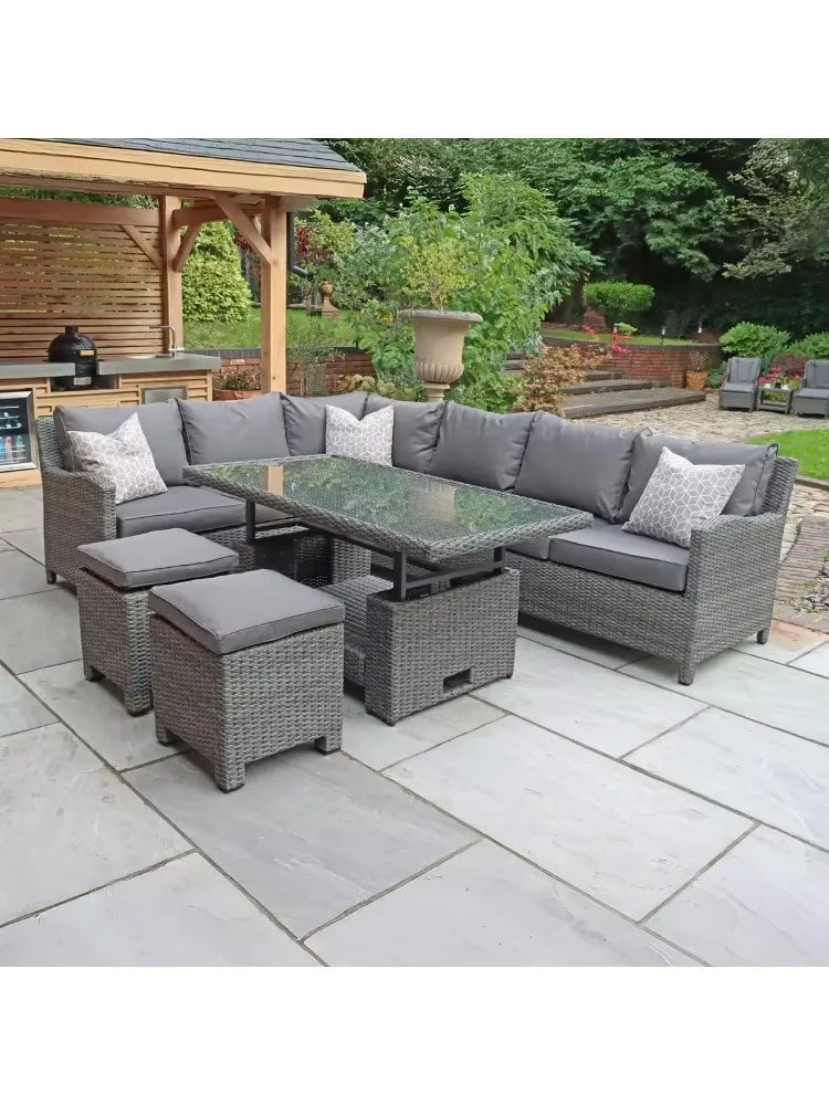 Outdoor Modern Furniture Hotel Villa Terrace Outdoor Rattan Garden Sofa Rattan Lounge Dining Set with Rise and Fall Table