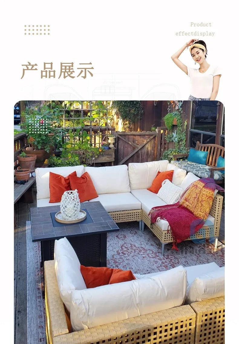 XJC Outdoor Rattan Sofa Combination Bed And Breakfast Balcony Courtyard Outdoor Open-air Garden Sun Room Leisure Small