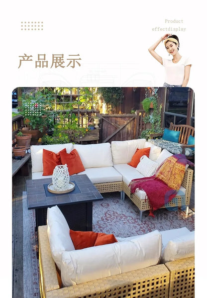 XJC Outdoor Rattan Sofa Combination Bed And Breakfast Balcony Courtyard Outdoor Open-air Garden Sun Room Leisure Small