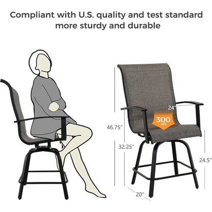 Counter Height Outdoor Swivel Bar Stools Set of 2, Patio Bar Chairs with Arms Backs for Porch Balcony, Poolside, Deck (Coffee,