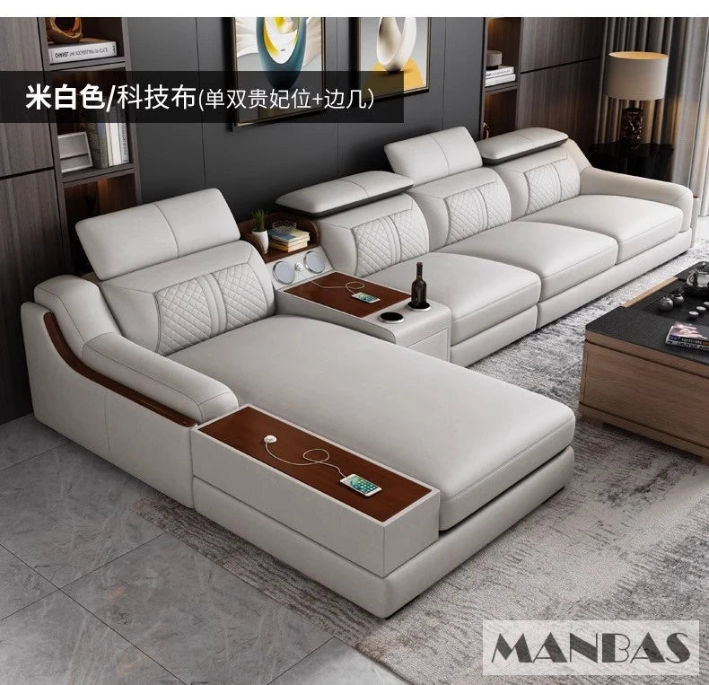 Stylish Italian Genuine Leather Sofa for Living Room with Cup Holder, USB, Adjustable Headrests & Bluetooth Speaker - Linlamlim