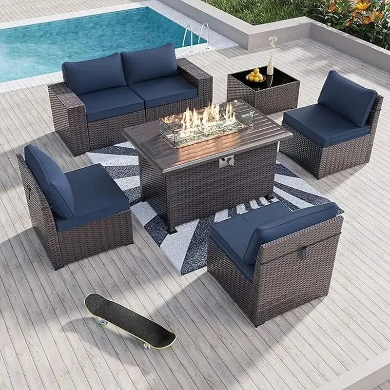 Outdoor Patio Furniture Set with 43" Gas Propane Fire Pit Table and Wicker Rattan Sectional Sofa for Conversation