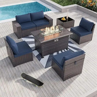 Outdoor Patio Furniture Set with 43" Gas Propane Fire Pit Table and Wicker Rattan Sectional Sofa for Conversation