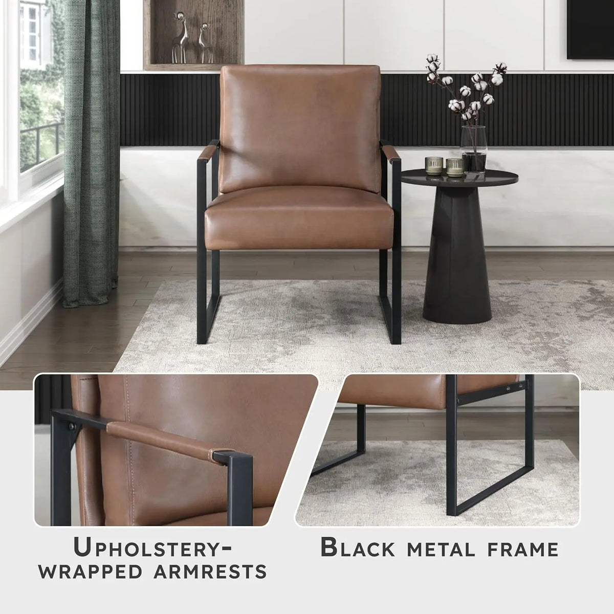 Modern Accent Chair, Faux Leather Upholstered Living Room Chair with Wrapped Armrests, Arm Chair with Black Metal Frame,
