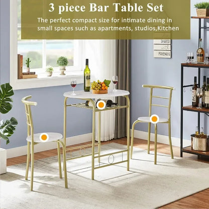 v 3 Piece Small Round Dining Table Set for Kitchen Breakfast Nook, Wood Grain Tabletop with Wine Storage Rack, Save Space, 31.