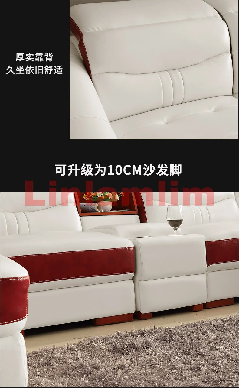 MANBAS Italian Cow Genuine Leather Couch Set Big Sofas Modernos Para Sala with Speaker, Bluetooth Audio, USB Charging,Storage