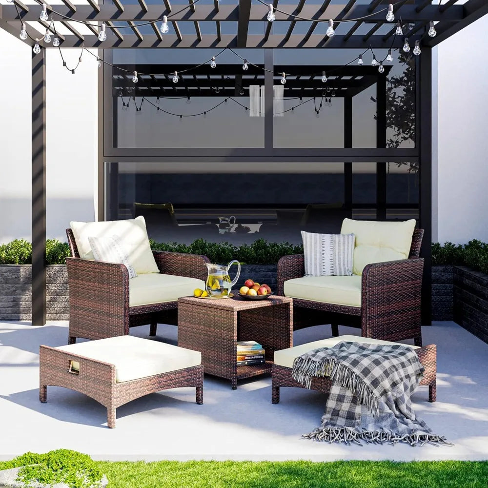 Outdoor Patio Wicker Chair Set for 5 with Ottoman, Cushions, and Coffee Table Conversation Area
