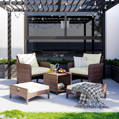 Outdoor Patio Wicker Chair Set for 5 with Ottoman, Cushions, and Coffee Table Conversation Area