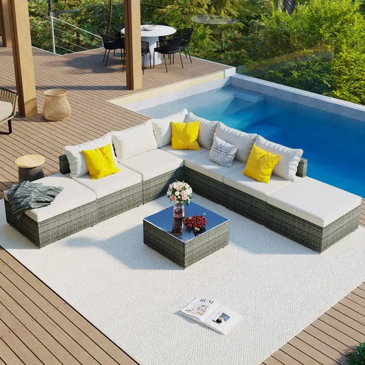 8-Piece Outdoor Patio Furniture Set, Garden Conversation Wicker Sofa, Combinable Single Sofas with Beige Cushions and Gray