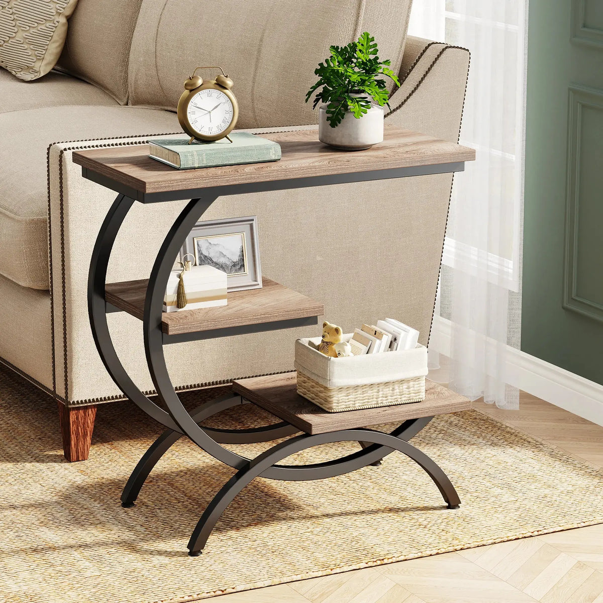 Tribesigns C-Shaped End Table, Industrial 3-Tier Small Table for Couch, Wood Bedside Table Snack Table with Storage Shelves