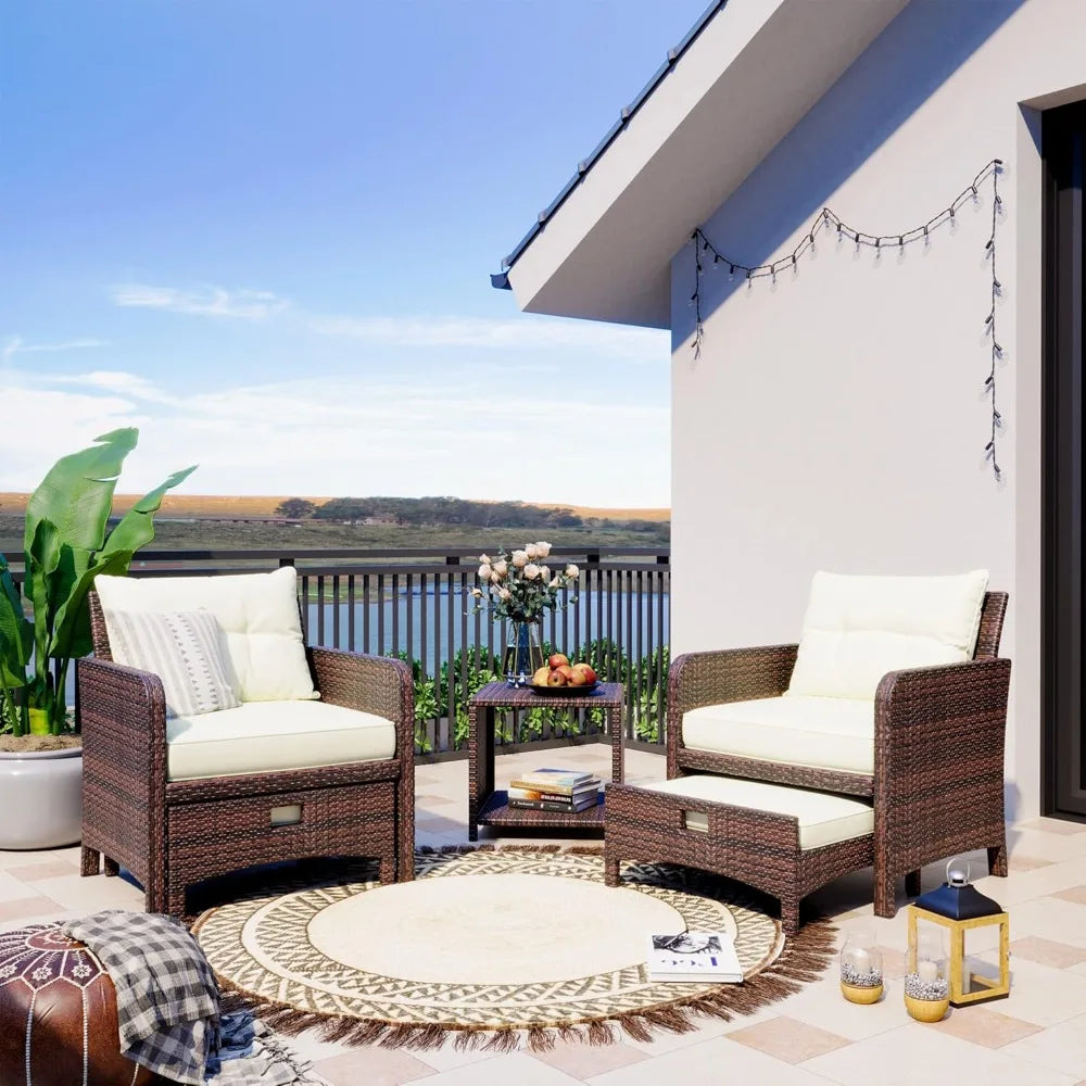 Outdoor Patio Wicker Chair Set for 5 with Ottoman, Cushions, and Coffee Table Conversation Area