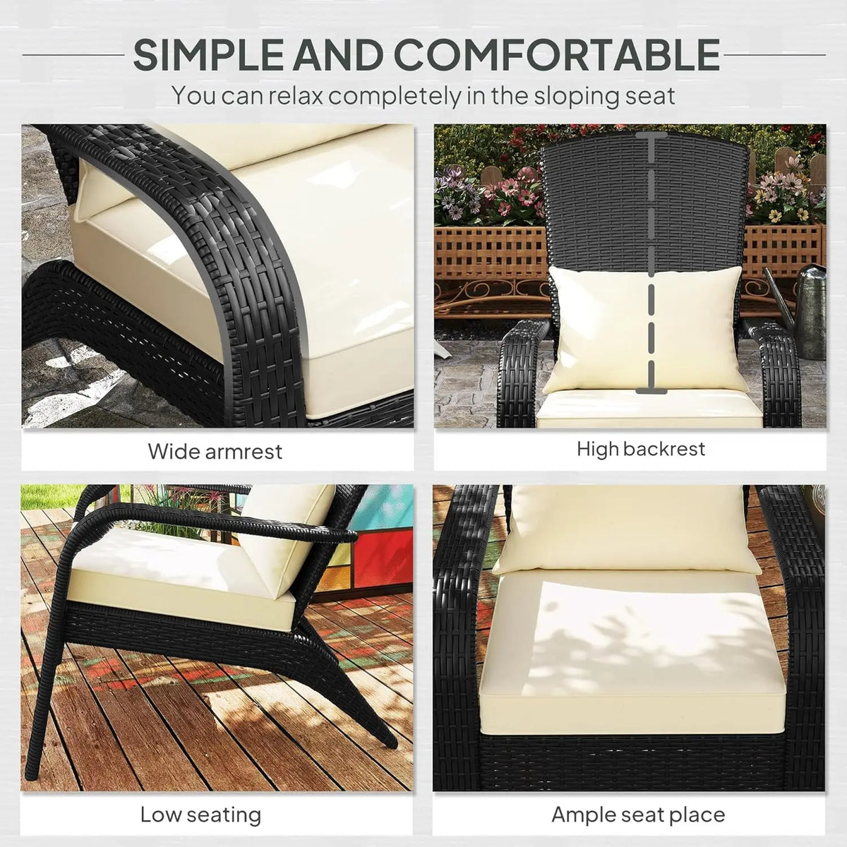 Patio Wicker Adirondack Chair,Outdoor All-Weather Rattan Fire Pit Chair with Soft Cushions, Tall Curved Backrest and Comfortable