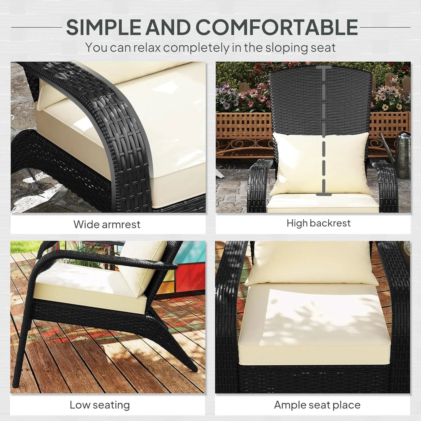 Patio Wicker Adirondack Chair,Outdoor All-Weather Rattan Fire Pit Chair with Soft Cushions, Tall Curved Backrest and Comfortable